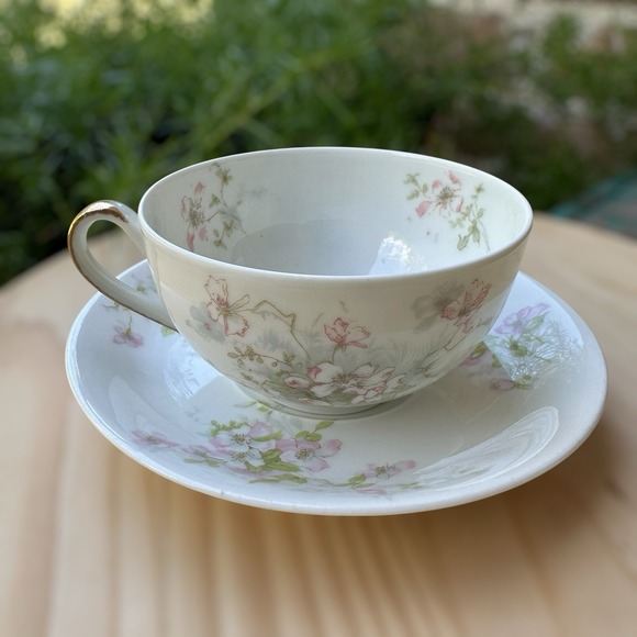 Theodore Haviland Limoges France Cup w Saucer Pink Roses Gold Trim Schleiger - Picture 1 of 12